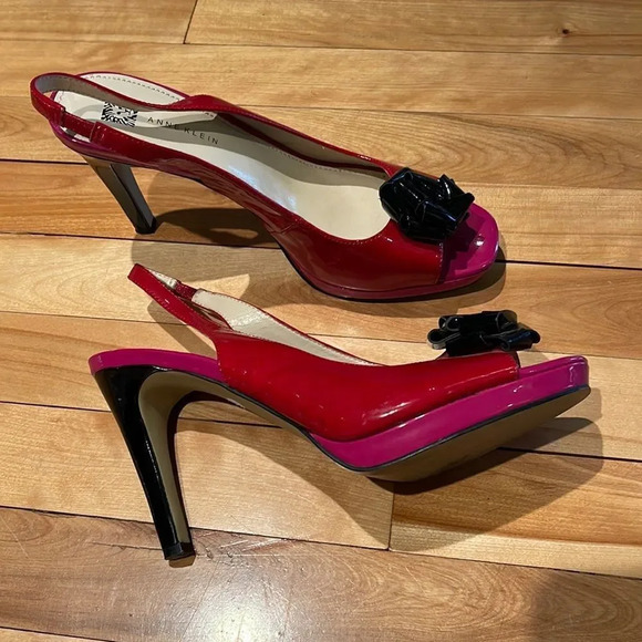 Anne Klein patent faux leather red/pink/black colorblock sling back heels. Sz 9 - Picture 1 of 7